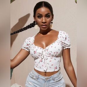 🌻3/$40🌻 Floral White Off Shoulder Puff Sleeve Crop Top Size L NWT